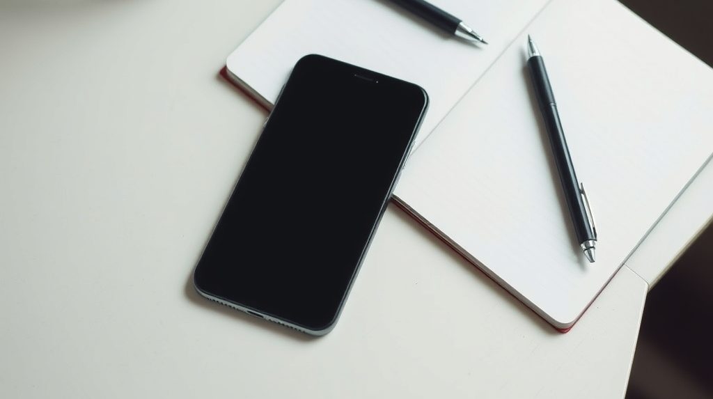 Phone on a desk next to a notebook
