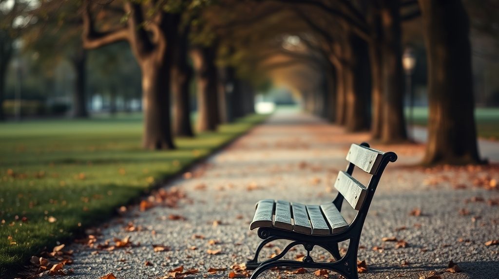 Empty park bench on a tree-lined path